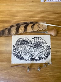 Image 1 of Great Horned Owlets Lino Cut Print 