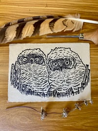 Image 2 of Great Horned Owlets Lino Cut Print 