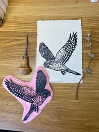 Image 2 of Hovering American Kestrel Lino Cut Print 