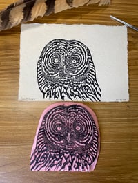 Image 3 of Great Gray Owl Portrait Lino Cut Print 