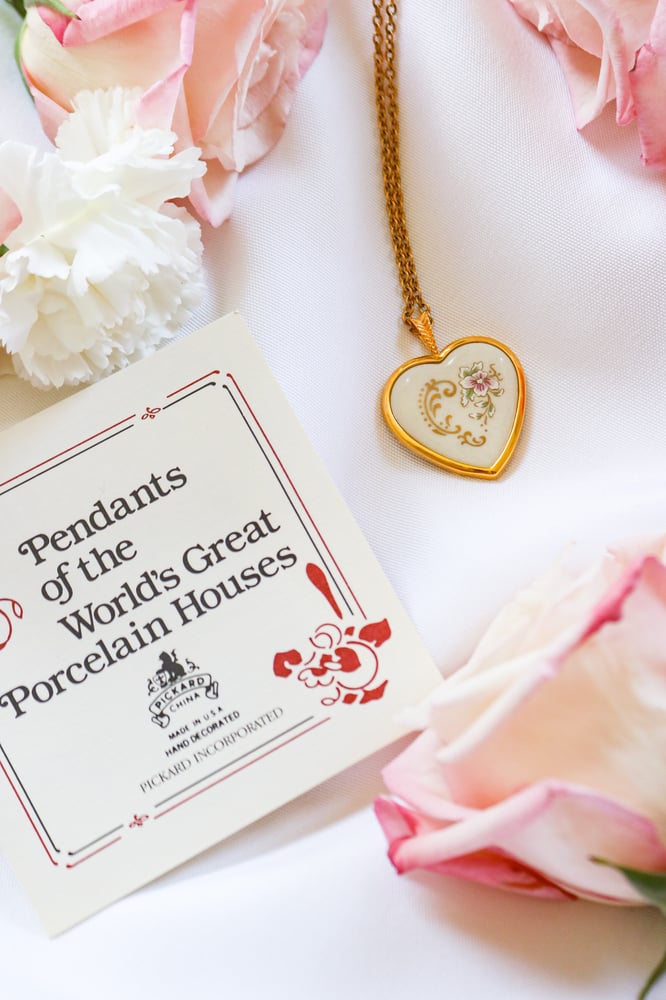 Image of Vintage Pickard Heart Shaped Porcelain Pendant with Certificate of Authenticity