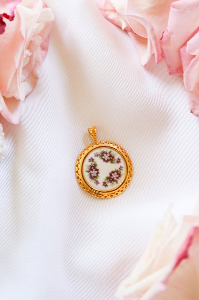Image of Vintage Royal Albert Purple Floral Porcelain Pendant from England with Certificate of Authenticity