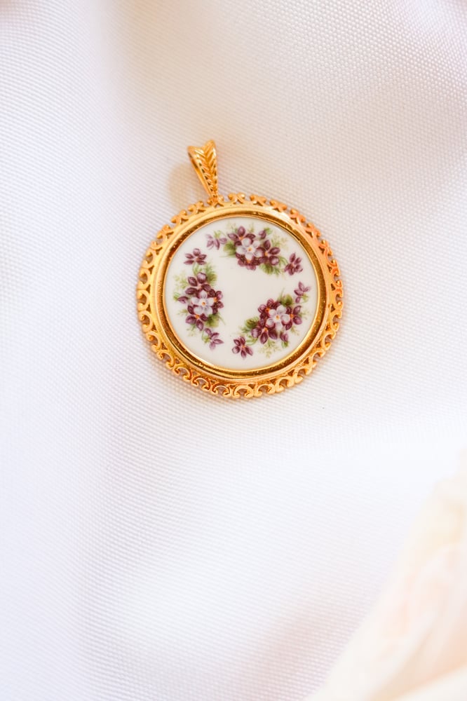 Image of Vintage Royal Albert Purple Floral Porcelain Pendant from England with Certificate of Authenticity