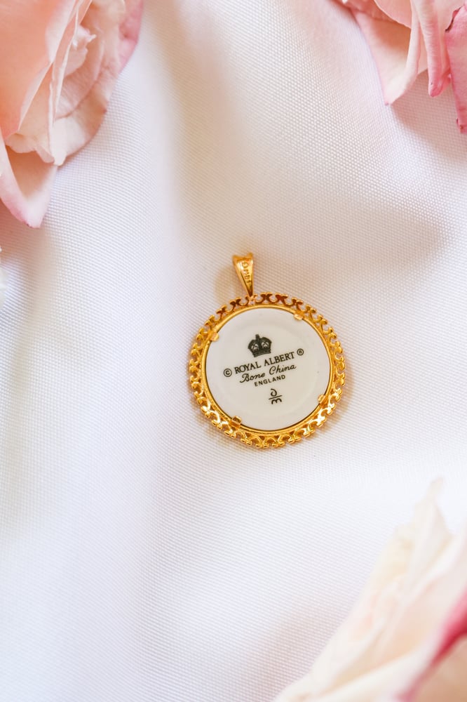 Image of Vintage Royal Albert Purple Floral Porcelain Pendant from England with Certificate of Authenticity