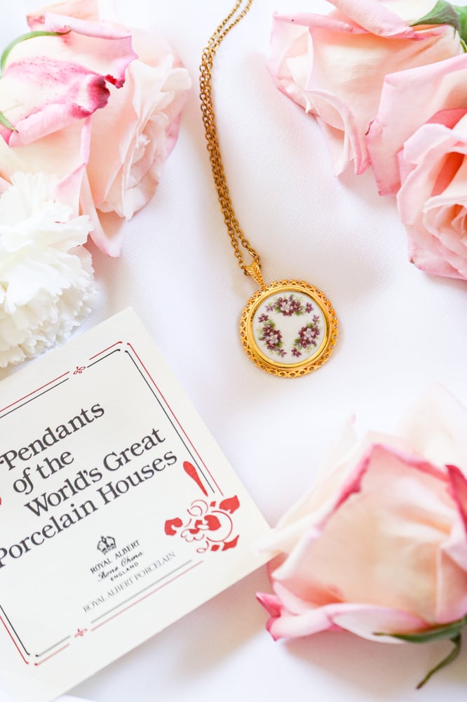 Image of Vintage Royal Albert Purple Floral Porcelain Pendant from England with Certificate of Authenticity