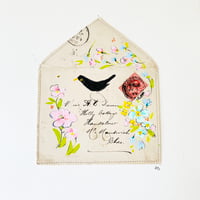 Image 2 of Art ORIGINAL - antique envelope - hand painted Blackbird and flowers
