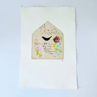Image 3 of Art ORIGINAL - antique envelope - hand painted Blackbird and flowers