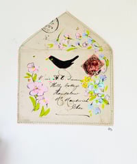 Image 4 of Art ORIGINAL - antique envelope - hand painted Blackbird and flowers