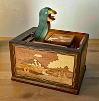 Image 4 of Rare Mid Century Japanese Roll Top Mechanical Pop-Up Parrot Box.