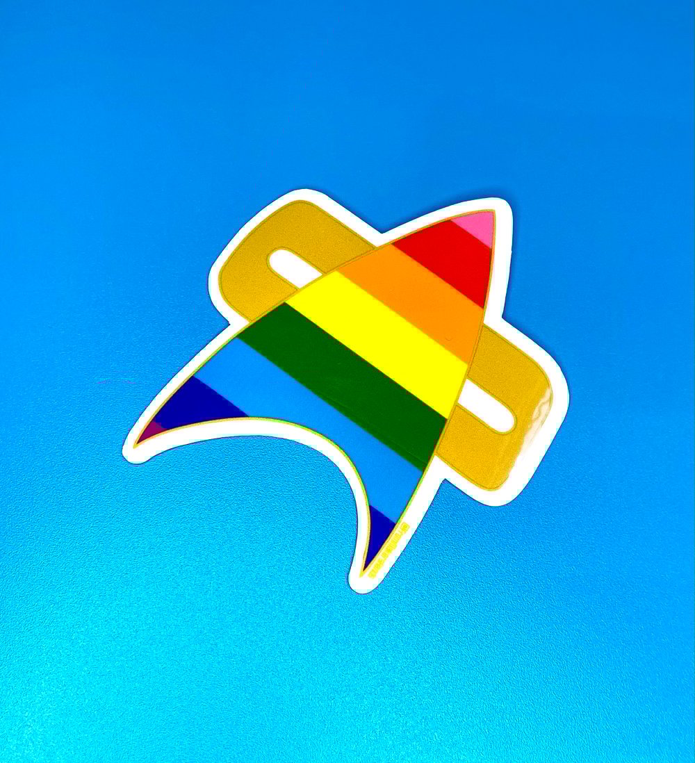 Image of Gilbert Baker Pride Combadge Sticker, Star Trek, Voyager, DS9, Sticker
