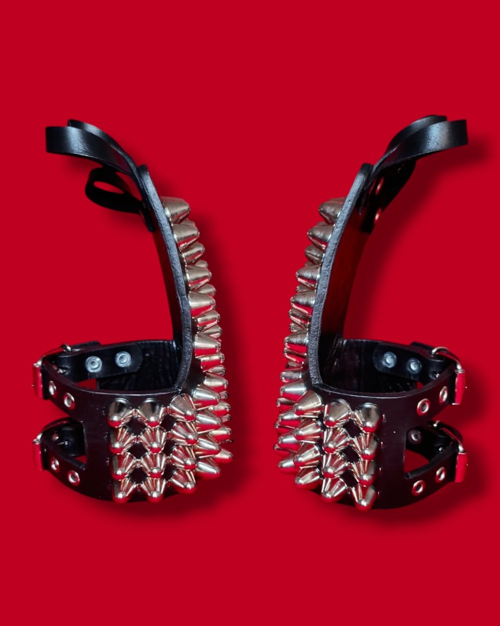 Black Leather Gloves with four Rows of Tall Cone Studs