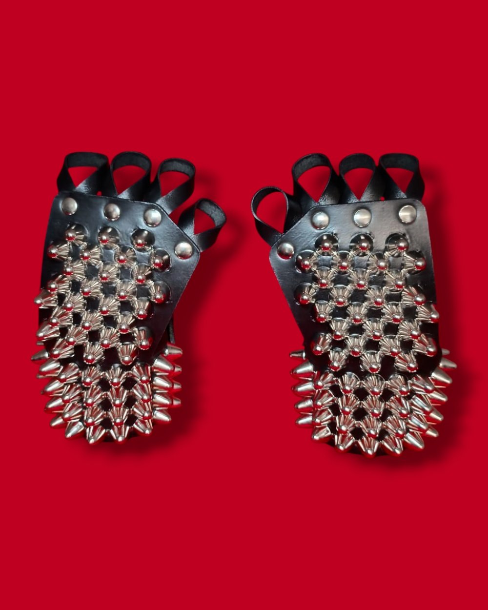 Black Leather Gloves with four Rows of Tall Cone Studs
