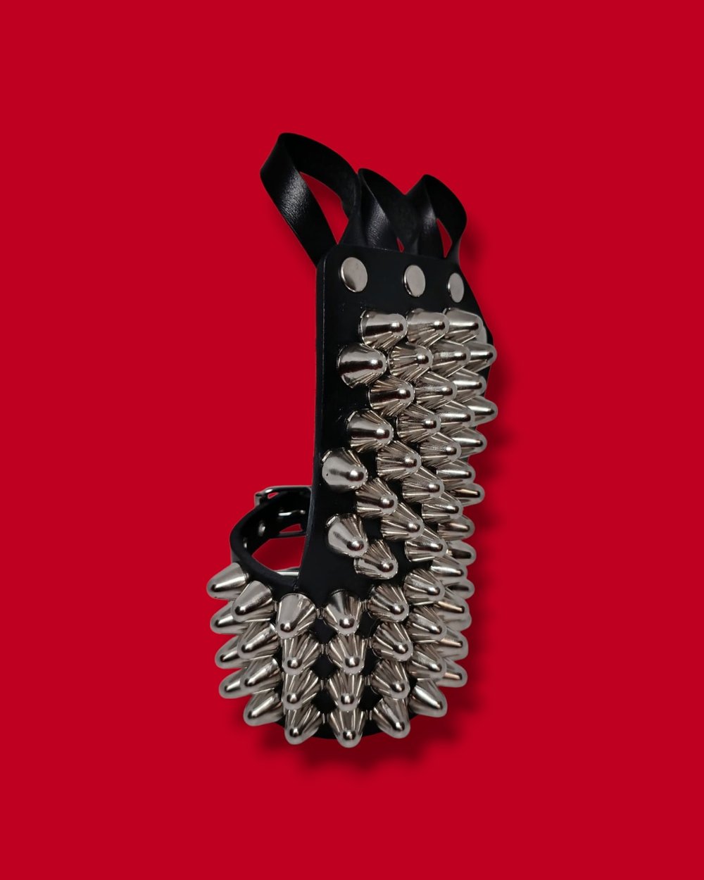 Black Leather Gloves with four Rows of Tall Cone Studs