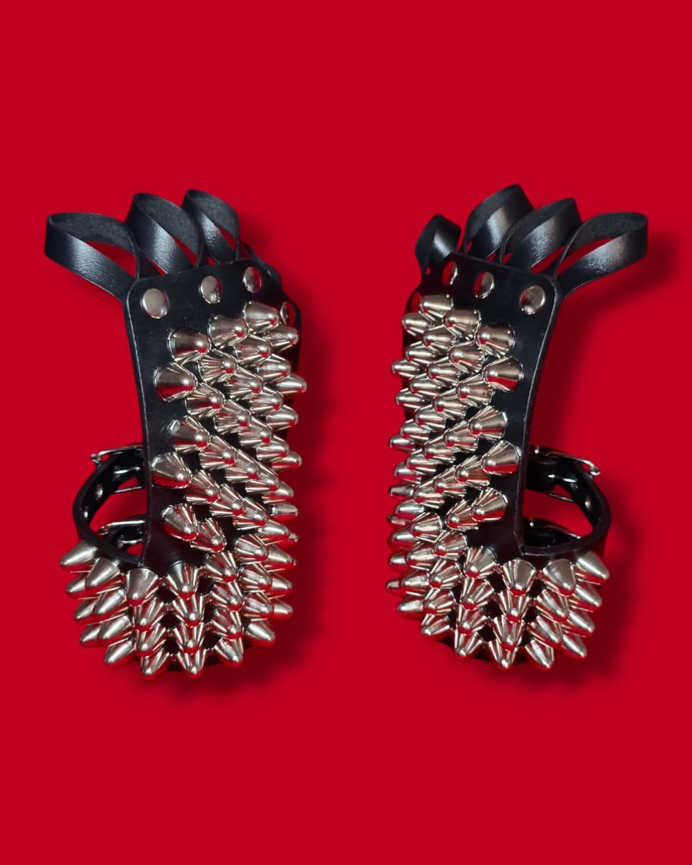 Black Leather Gloves with four Rows of Tall Cone Studs