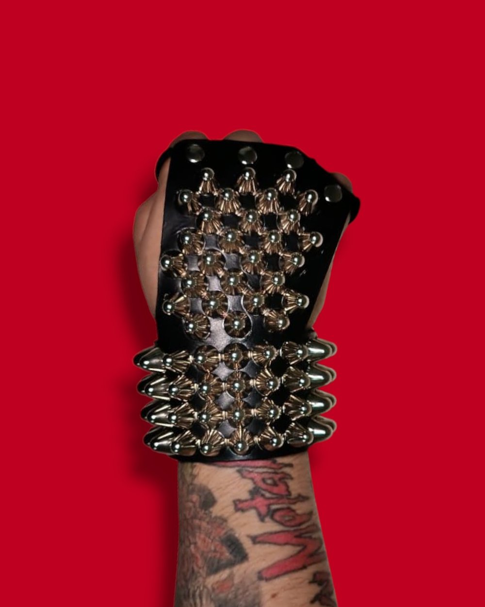 Black Leather Gloves with four Rows of Tall Cone Studs