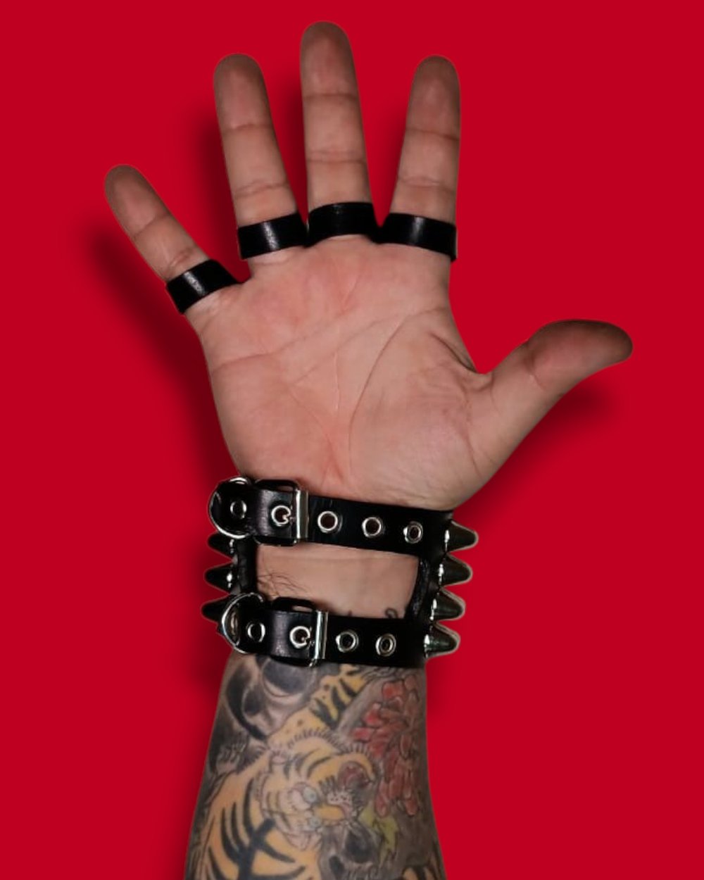 Black Leather Gloves with four Rows of Tall Cone Studs