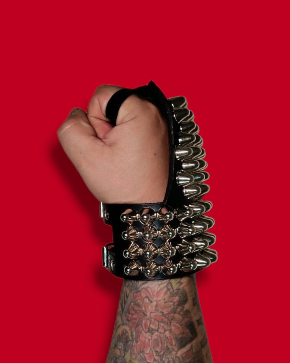 Black Leather Gloves with four Rows of Tall Cone Studs