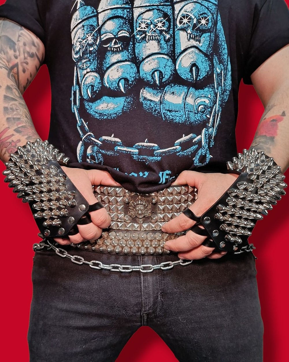 Black Leather Gloves with four Rows of Tall Cone Studs