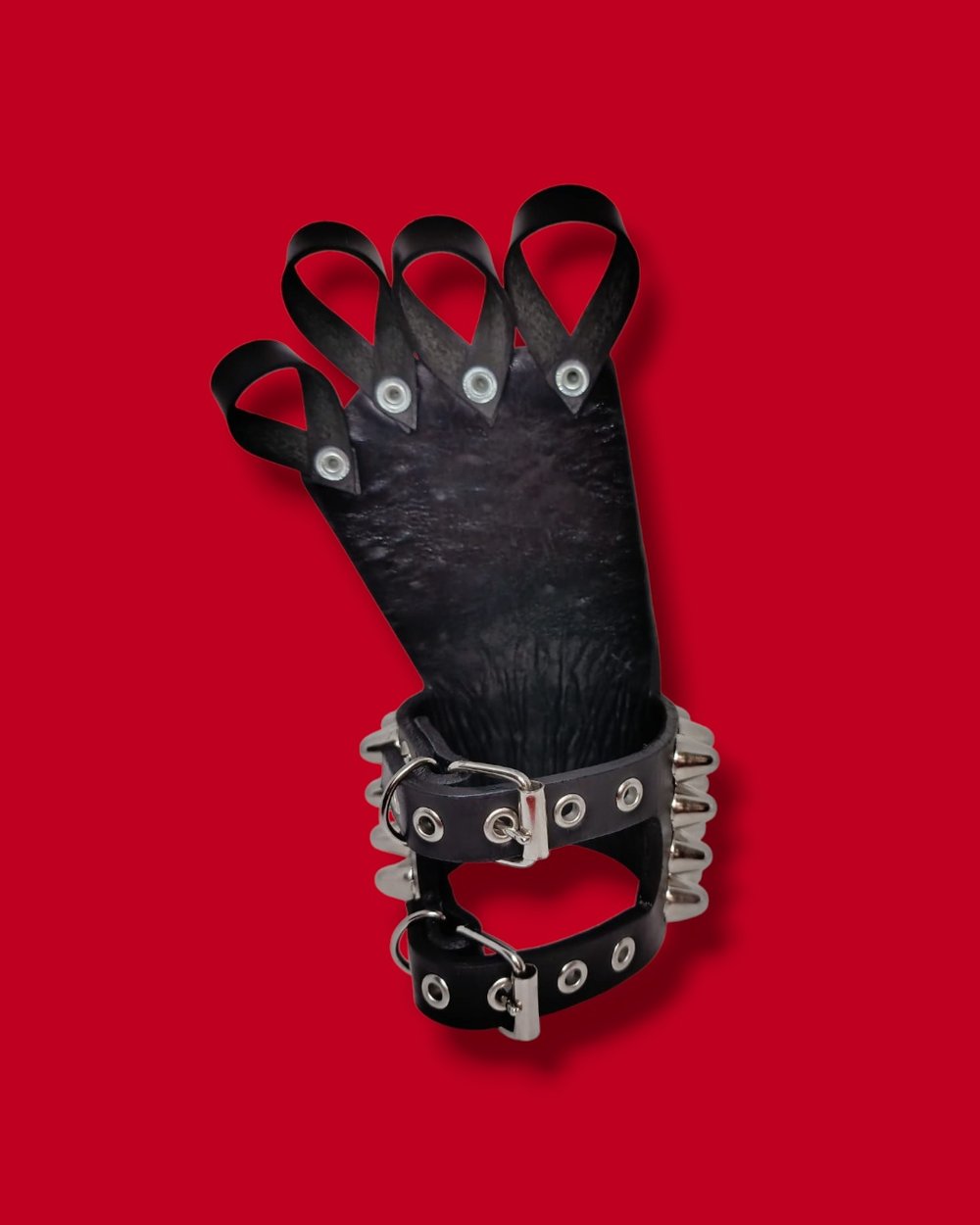 Black Leather Gloves with four Rows of Tall Cone Studs