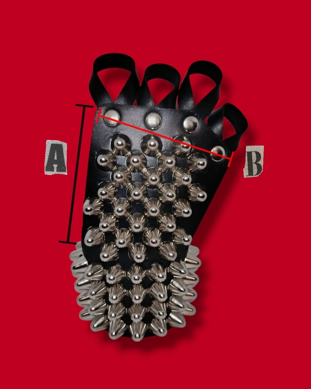 Black Leather Gloves with four Rows of Tall Cone Studs