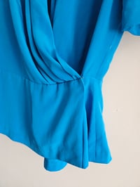 Image 5 of PRISSY VINTAGE Royal Blue wrapover draped gathered shoulder pad multi-way top UK 8