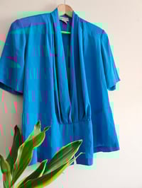 Image 1 of PRISSY VINTAGE Royal Blue wrapover draped gathered shoulder pad multi-way top UK 8