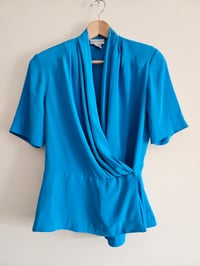 Image 3 of PRISSY VINTAGE Royal Blue wrapover draped gathered shoulder pad multi-way top UK 8