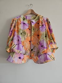 Image 2 of PRISSY VINTAGE Floral high waist gold button puff pleated bell sleeve top UK 14 16 