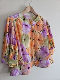 Image 3 of PRISSY VINTAGE Floral high waist gold button puff pleated bell sleeve top UK 14 16 