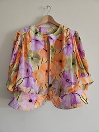 Image 6 of PRISSY VINTAGE Floral high waist gold button puff pleated bell sleeve top UK 14 16 