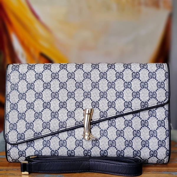 Image of Vtg. Gucci Blue Monogram Equestrian Clutch 