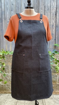Image 2 of Adult denim cross-back utility apron with swivel snap clip straps, black