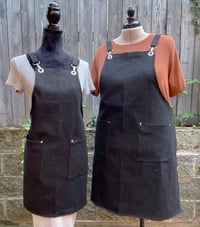 Image 1 of Adult denim cross-back utility apron with swivel snap clip straps, black