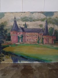 Image 2 of Ancienne peinture à l'huile sur bois, château romantique 