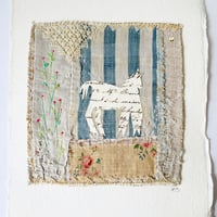 Image 2 of Artwork Wall art - ORIGINAL antique textile collage - folk art horse & flowers
