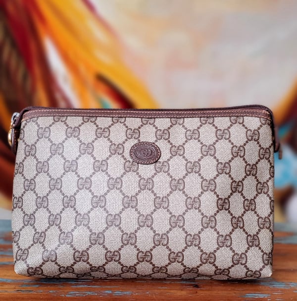Image of Vtg Gucci Brown Monogram Clutch/Toiletry Bag