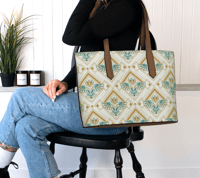 Image 1 of Vegan Leather Tote - Art Deco Owl in Teal & Gold