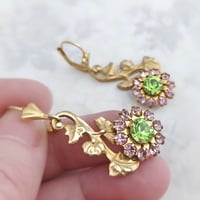 Image 1 of Whimsical Flower Vine Earrings – Artisan Floral Design in Green & Lilac Crystal