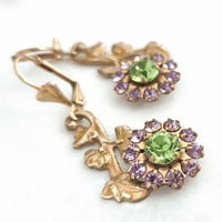 Image 3 of Whimsical Flower Vine Earrings – Artisan Floral Design in Green & Lilac Crystal