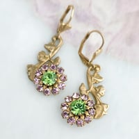 Image 4 of Whimsical Flower Vine Earrings – Artisan Floral Design in Green & Lilac Crystal