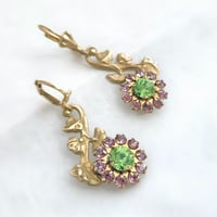 Image 2 of Whimsical Flower Vine Earrings – Artisan Floral Design in Green & Lilac Crystal