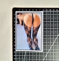 Image 2 of Large Raven Haired Beauty In Black Lace Leggings & Thong Bent Over Booty Matte Vinyl Sticker