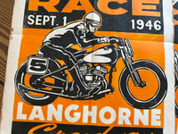 Image 2 of Langhorne Speedway Motorcycle Races aged Linocut Print (orange edition) - FREE SHIPPING