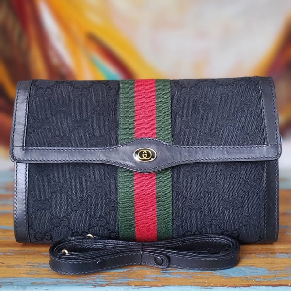 Image of Vtg Gucci Black Monogram Clutch/Coin Purse Set