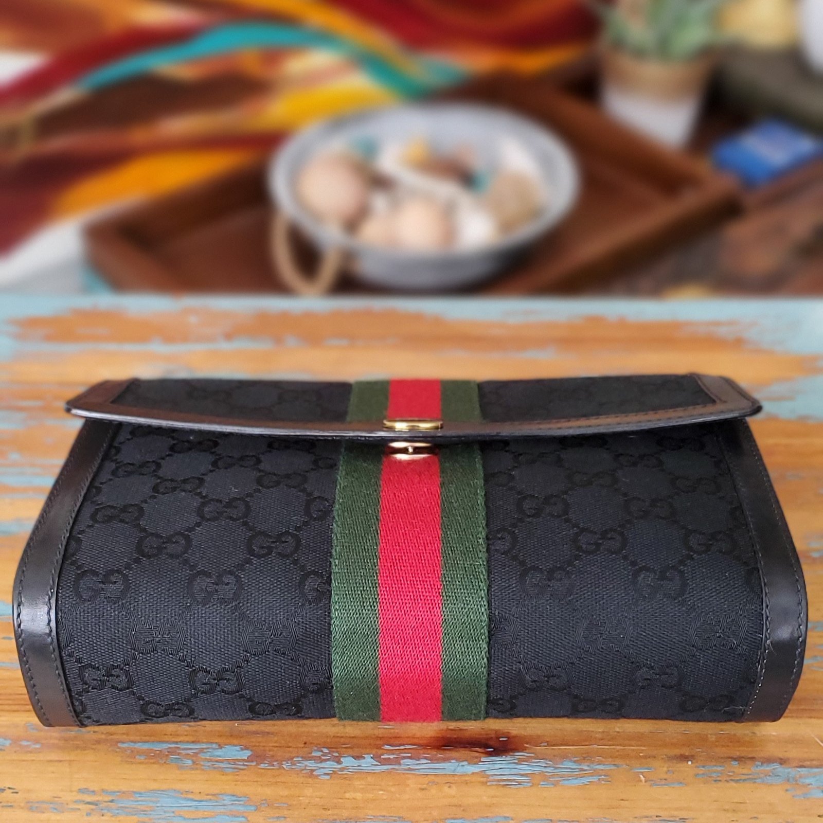 VINTAGE GUCCI FINDS — Vtg Gucci Black Monogram Clutch/Coin Purse Set