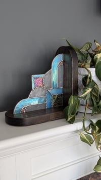 Image 4 of Art Deco Bookends - Iridescent Blue &Iridescent Clear