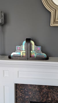 Image 2 of Art Deco Bookends - Iridescent Blue &Iridescent Clear
