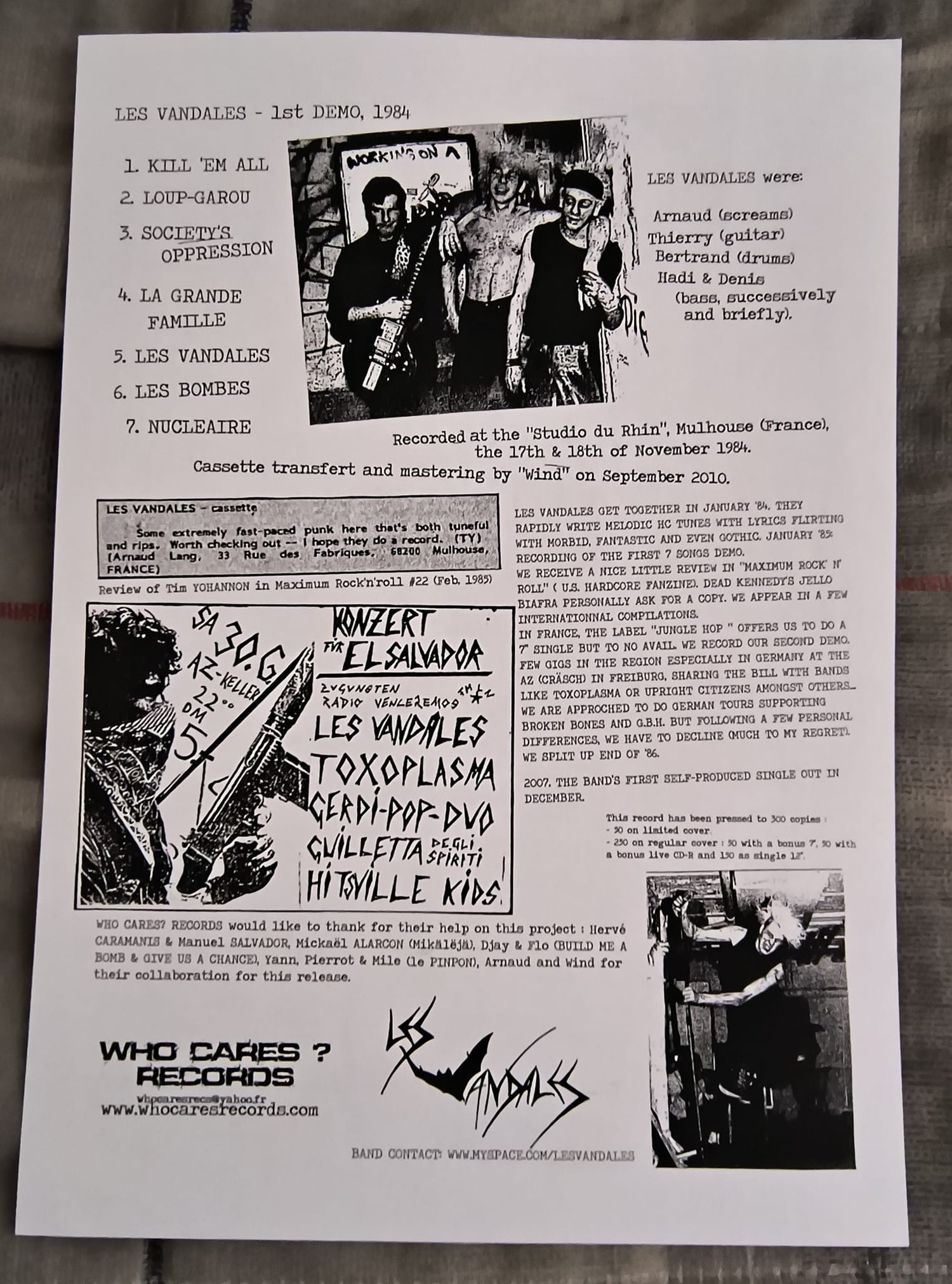 Image of Les Vandales ‎– 1st Demo 1984 12"