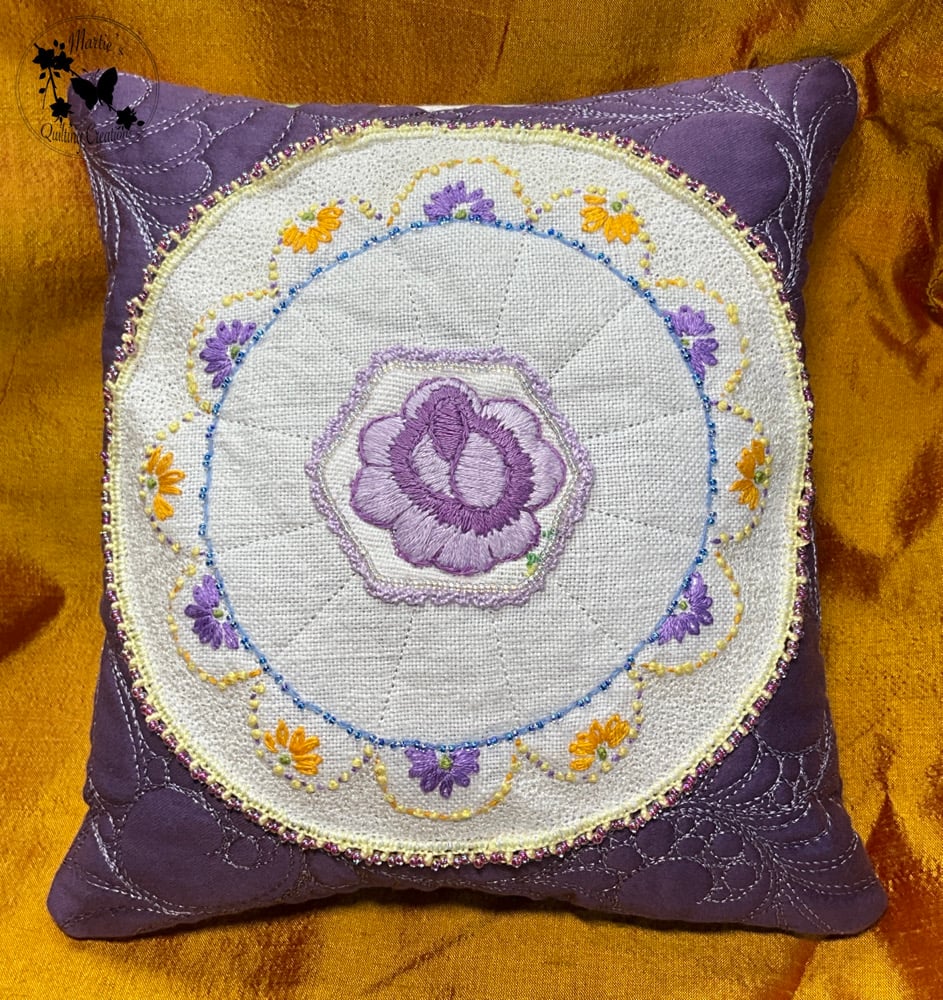 Image of Vintage Pincushion- Purple Rose Embroidered Doily
