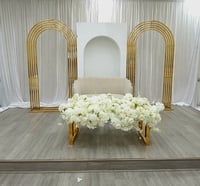 Image 1 of 3 set backdrop only  , gold stainless steel,  white wood backdrop 